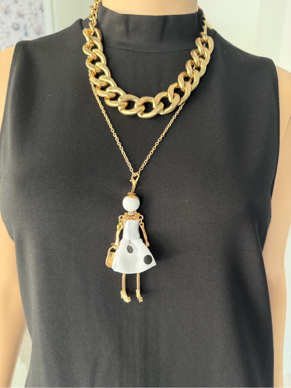 Gold-Tone Doll Pendant Necklace with White Polka Dot Dress - Women Jewelry